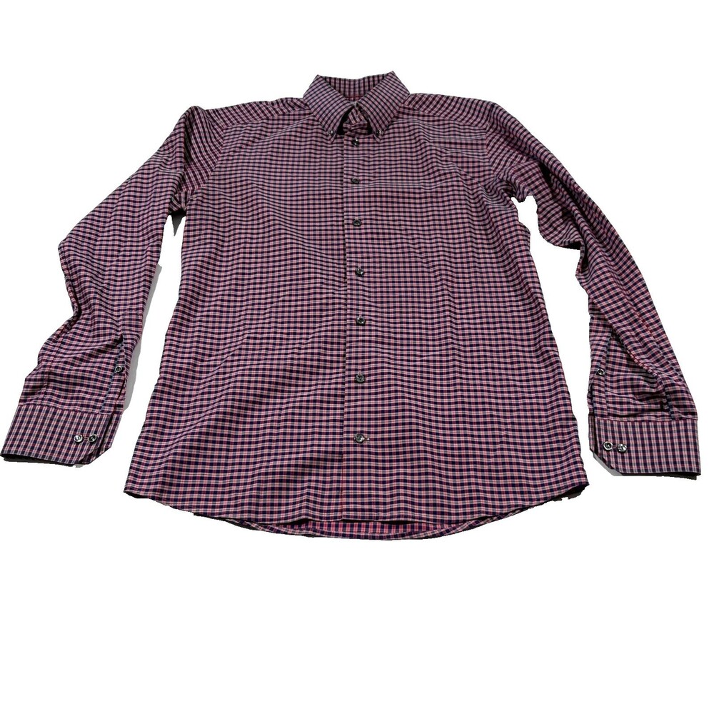ETON Mens Long Sleeve Pink Plaid Cotton Button Up Collared Sz L Slim Fit